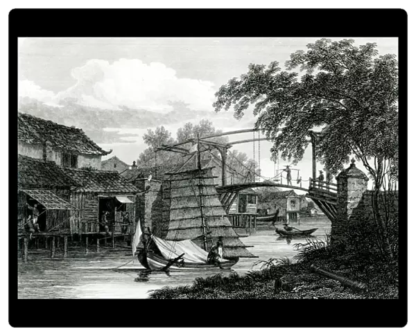 Drawbridge at Malacca, engraved by George Cooke (engraving) (b  /  w photo)