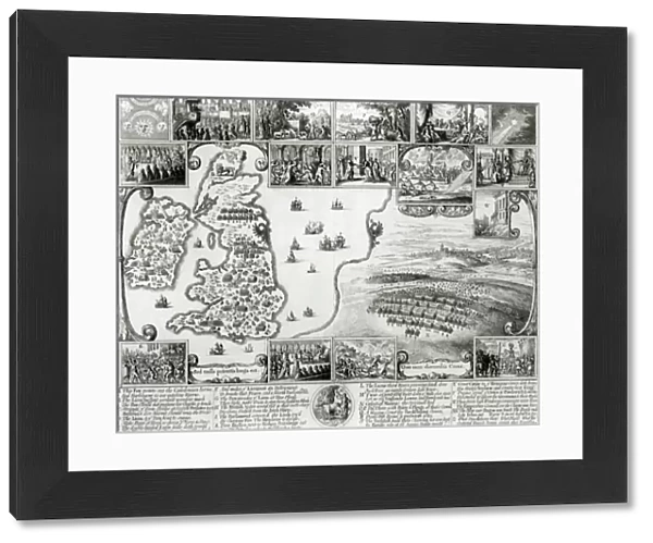 Map of Civil War England and a view of Prague, 1632 (engraving) (b  /  w photo)