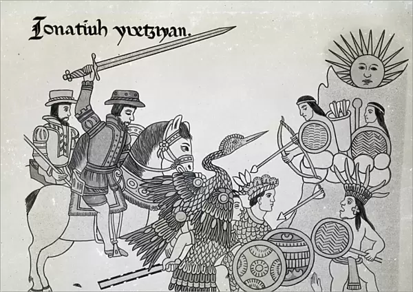 Fight between the Spanish and the Aztecs, plate from Antiguedades Mexicanas
