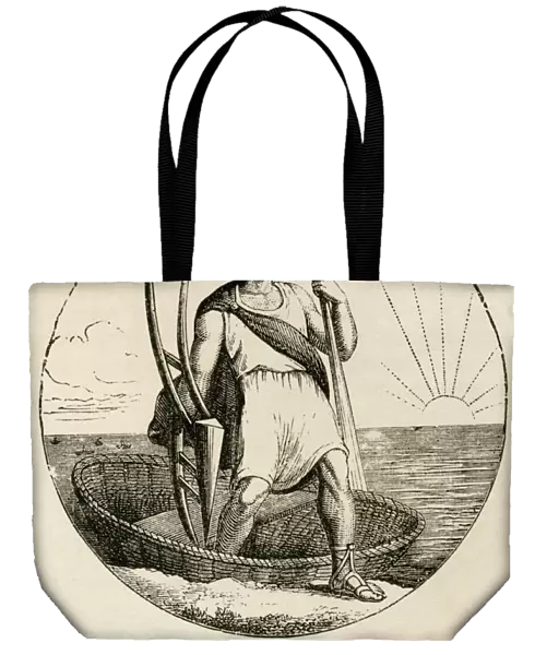 Ancient Briton with a coracle and plow, from The Worlds Inhabitants by G