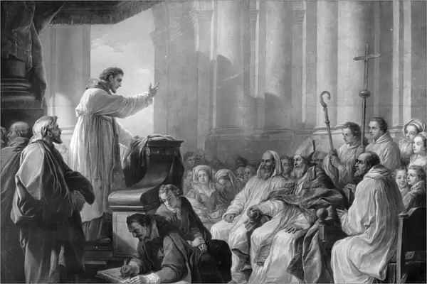 St. Augustine preaching before Valere, Bishop of Hippo (oil on canvas) (b  /  w photo)