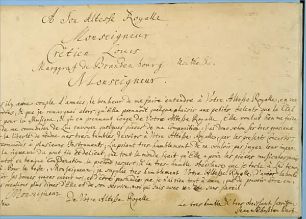 Handwritten dedication of Brandenburger Concertos to Christian Ludwig