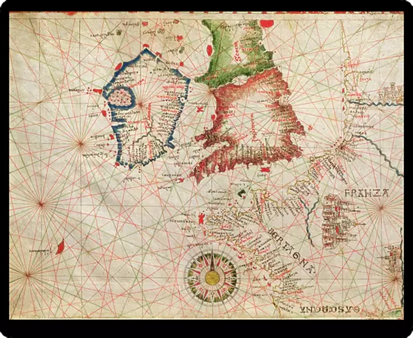The French Coast, England, Scotland and Ireland, from a nautical atlas, 1520 (ink on vellum)