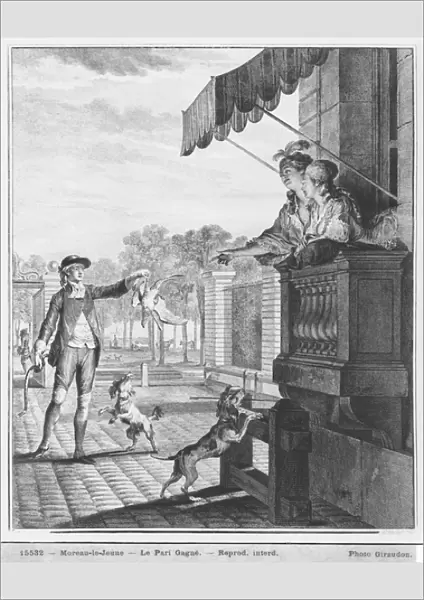 Taking up a bet, engraved by Camligue (fl. 1785) c. 1777 (engraving) (b  /  w photo)