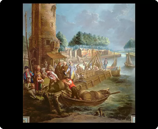 Canal scene with wine merchant unloading barrels