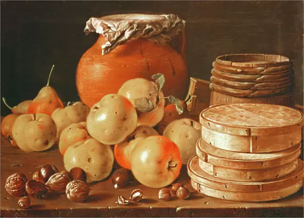 Still Life with apples, nuts, pears, and boxes of sweets (oil on canvas)