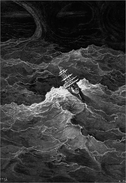 Ship in stormy sea, scene from The Rime of the Ancient Mariner by S. T. Coleridge, by S