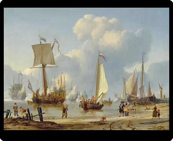 Ships in Calm Water with Figures by the Shore