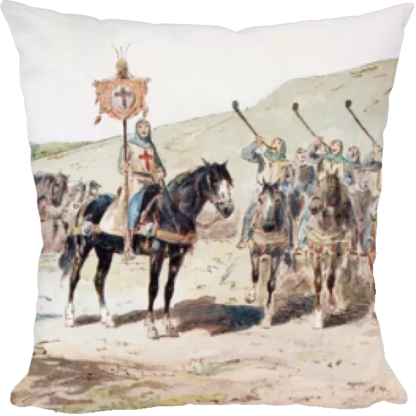 Crusaders on the march in the 11th century with a horse-drawn supply wagon, 1886