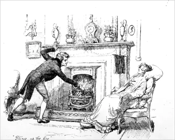Piling up the fire, illustration to Pride & Prejudice by Jane Austen