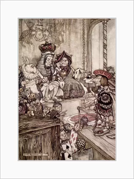 Knave before the King and Queen of Hearts, illustration to Alices Adventures