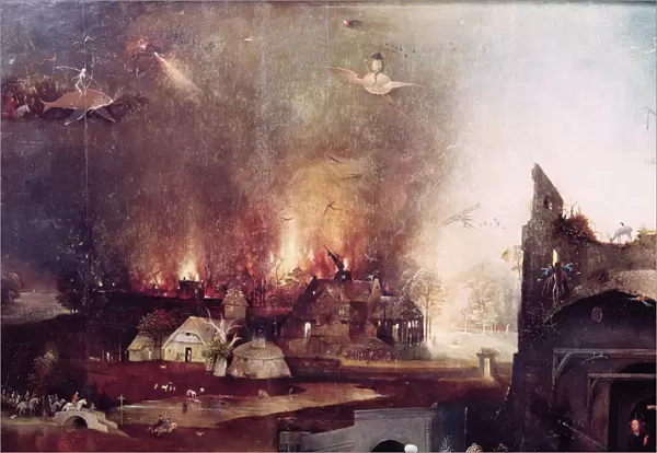 Detail of the village on fire, from the cenral panel of the Temptation of St. Anthony