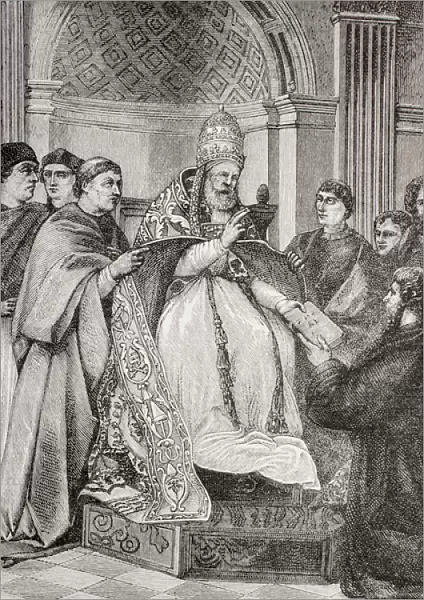 Pope Gregory IX handing the Decretals to an advocate of the Consistory, from Military