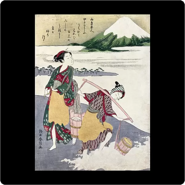 Salt Maidens on the Tago-no-ura Beach with Mt. Fuji Behind (colour woodblock print)