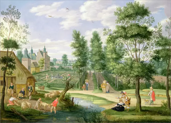 Figures in the Grounds of a Country House (oil on copper)
