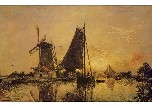 In Holland, Boats near a Windmill, 1868 (oil on canvas)