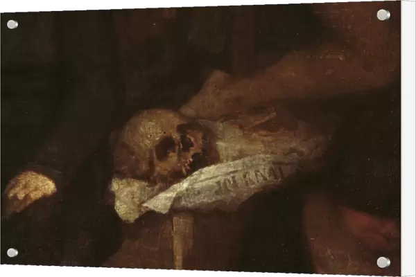 The Artists Studio (detail of the skull resting on some newspapers), 1854-1855
