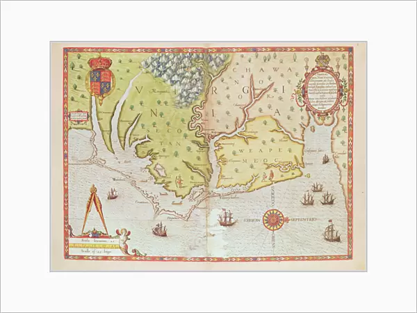 Admiranta Narratio... Map of Virginia (page 44-45), 1585-1588 (colour