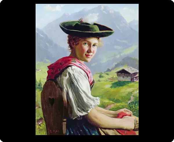 Girl with a Hat in Mountain Landscape (oil on panel)