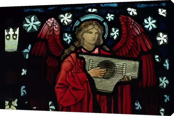 Detail of the Angel Musician, made by William Morris and Co. 1882 (stained glass)