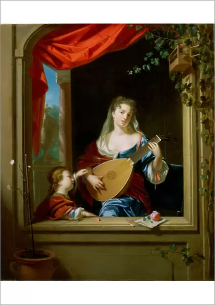 Elegant Lady Playing the Lute at a Window (panel)