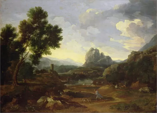 Landscape with hunter and dogs (oil on canvas)