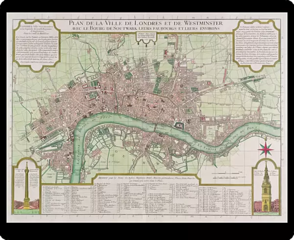 Plan of the Towns of London and Westminster, 1727 (hand-coloured engraving)
