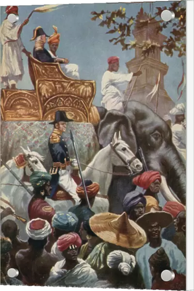 The British Army entering Singapore after its cession in 1824 (colour litho)