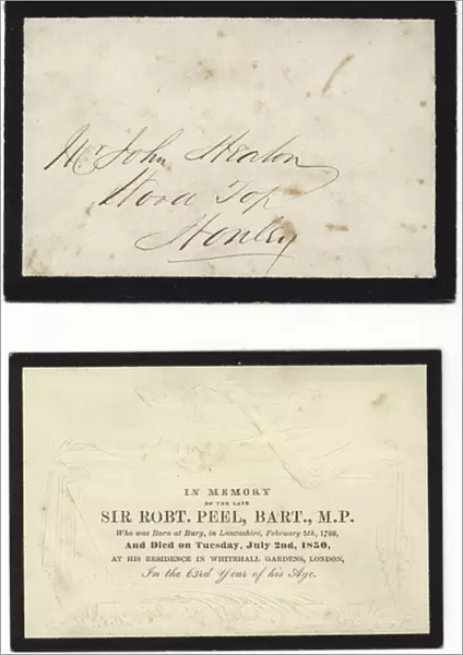 Memorial card in memory of the late Sir Robert Peel (engraving)