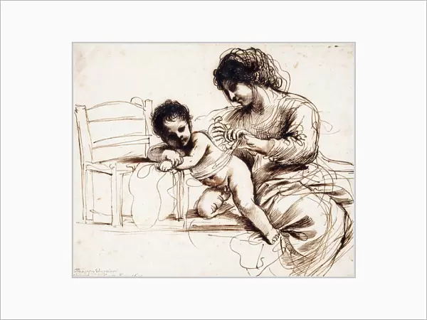 A Mother and Child by a Chair, (pen and brown ink)