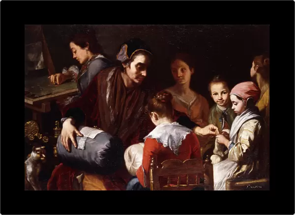 Girls being taught Needlework by a Seamstress, (oil on canvas)