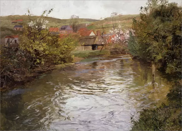 Farmhouses on the Banks of a Stream, (oil on canvas)