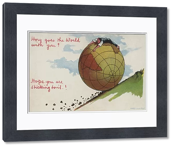 Globe rolling down a hill (colour litho)