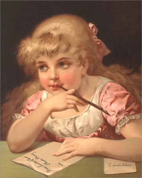 Young girl writing a letter to Santa Claus (colour litho)