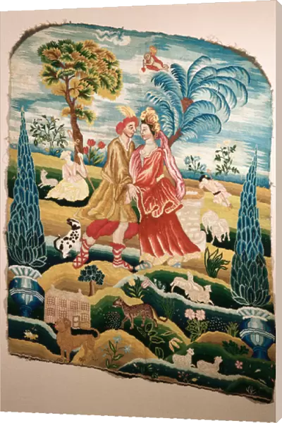 A chair back or panel for a screen, depicting a couple in love