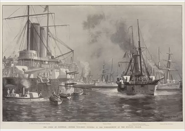 The Crisis at Zanzibar, British War-Ships engaged in the Bombardment of the Sultans Palace (litho)