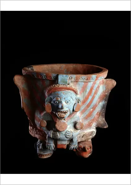 Incense tripod vase, decorated with a head, 600 to 1200 AD (clay)