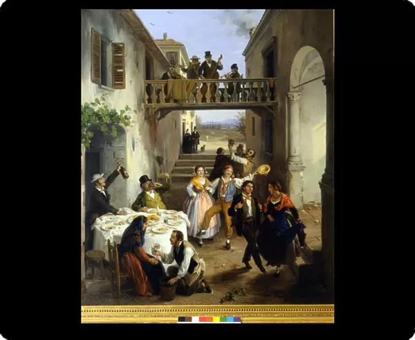 Wedding dinner in the courtyard. Painting by Angelo Inganni, 1873. Private Coll
