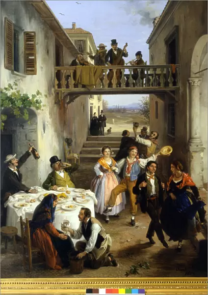 Wedding dinner in the courtyard. Painting by Angelo Inganni, 1873. Private Coll