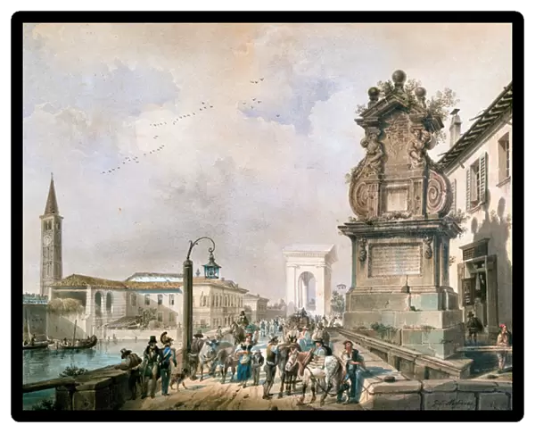 View of Trofeo bridge over naviglio Pavese, Milan (watercolour, 19th century)