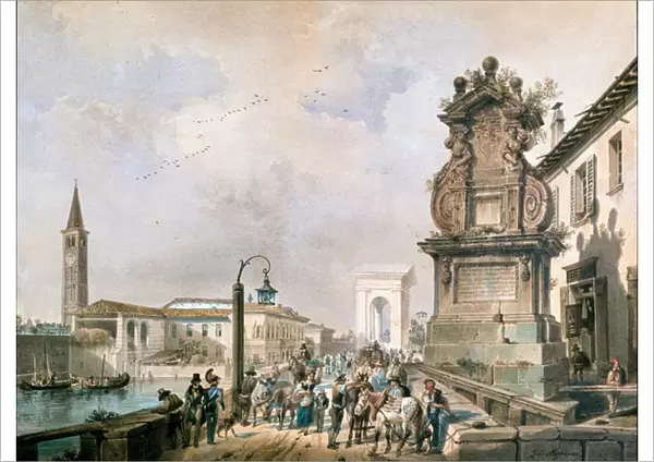 View of Trofeo bridge over naviglio Pavese, Milan (watercolour, 19th century)
