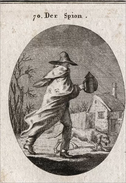 Allegory of the spy. His coat is strewn with eyes and ears and holds a deaf lantern