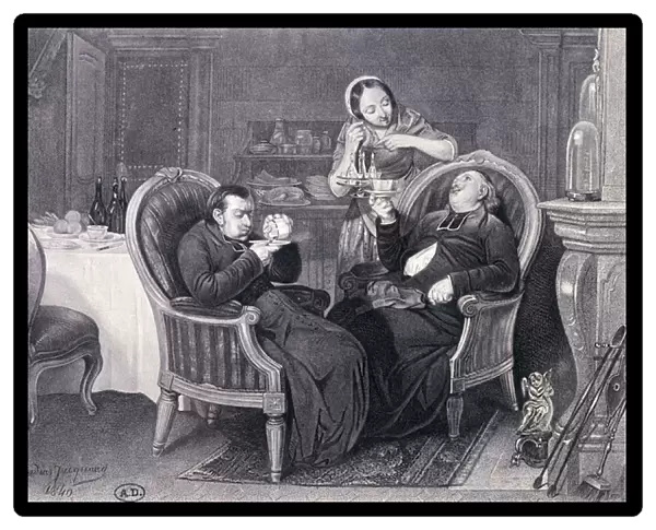 Afterdinner: Two priests take coffee and digestive, served by their maid