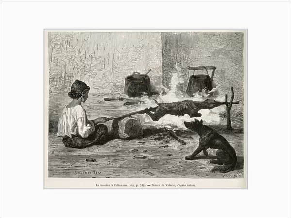 A young Montenegrin roasting a sheep with the Albanian, seated in front of the fire