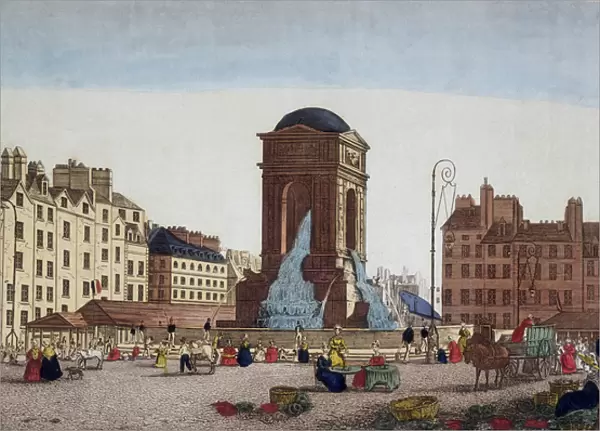 View of the Innocents Market and Fountain - engraving, 19th century