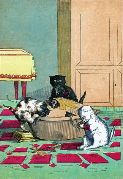 Three little kittens wearing mittens and eating a pie, Illustration from '