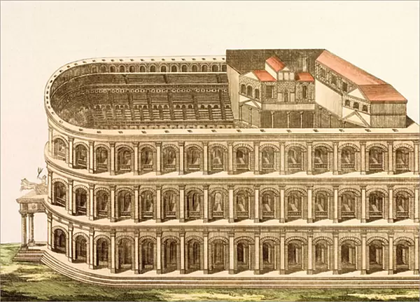 Ancient Roman Theatre of Marcellus, built in the late 1st Century BC (coloured engraving)