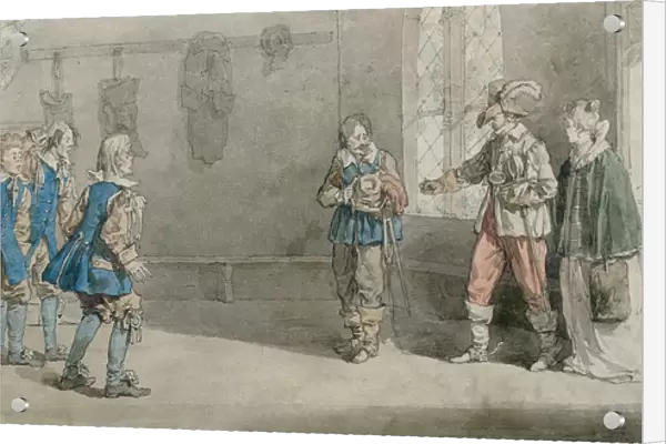 Petruchio, Katarina and servants in a scene from The Taming of the Shrew, c