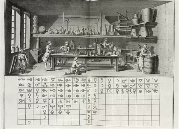 Scientific laboratory and table of chemical signs, from the Encyclopedia