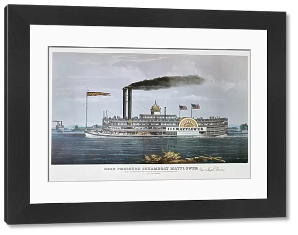 The Mayflower Steamboat, on the Mississippi, 1855 (colour litho)